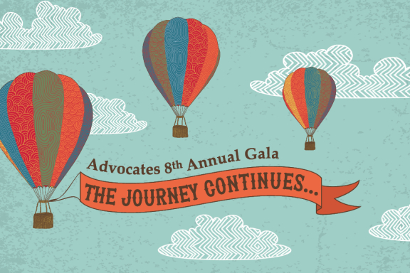 Three hot air balloons against a blue sky and clouds with the words Advocates 8th Annual Gala The Journey Continues