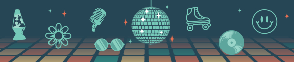 1970s era icons including a lava lamp, disco ball, roller skates, and more